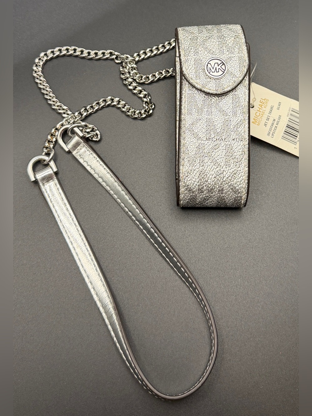 Michael Kors Metallic Silver Chain lipstick Case bag charm